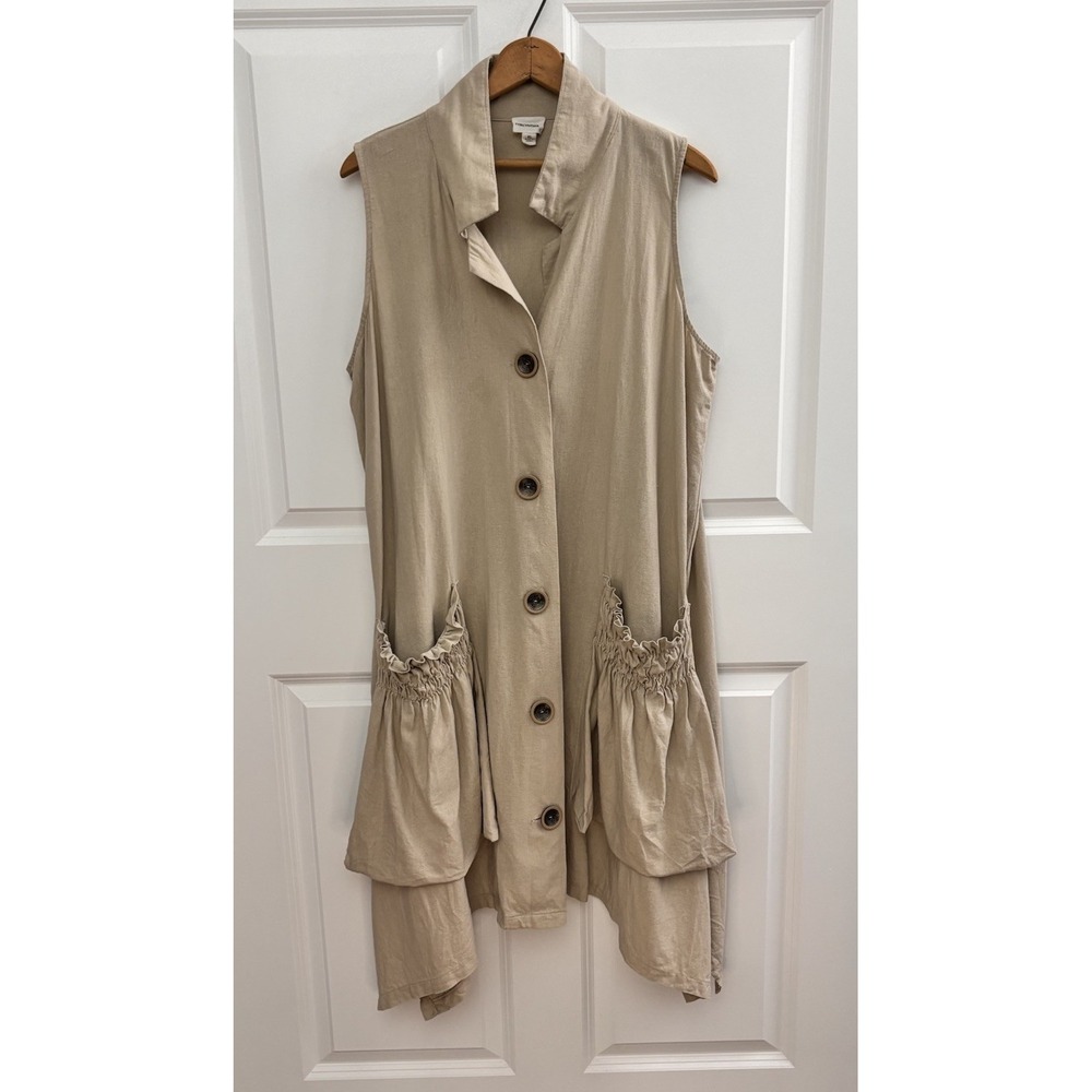 For Cynthia Linen Blend Dress Womens XL Beige Lagenlook Buttons Sleeveless Layer